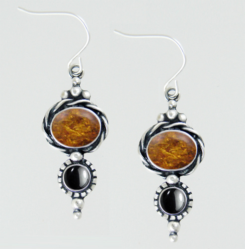 Sterling Silver Drop Dangle Earrings With Amber And Hematite